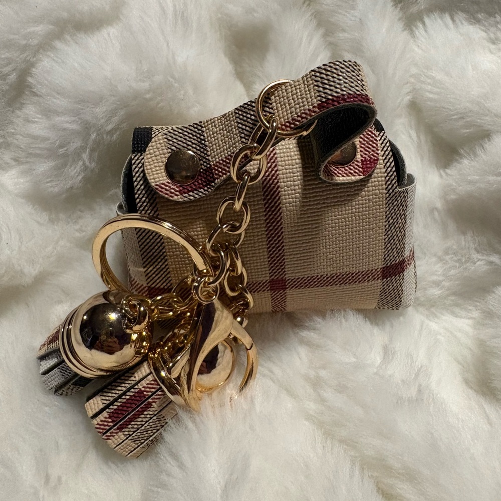 Plaid Mini Bag Keychain with Gold Accents - Picture 2 of 3